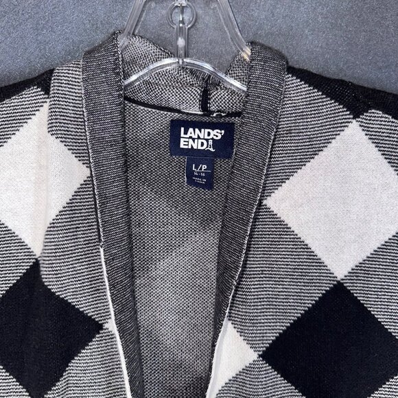 Lands End Womens Black Buffalo Check Open Front Sweater Cardigan Large Petite LP - Picture 4 of 7